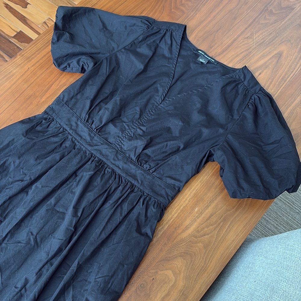 French Connection Bubble Sleeve Poplin Tiered Smocked Waist Dress Black Medium - Picture 9 of 13